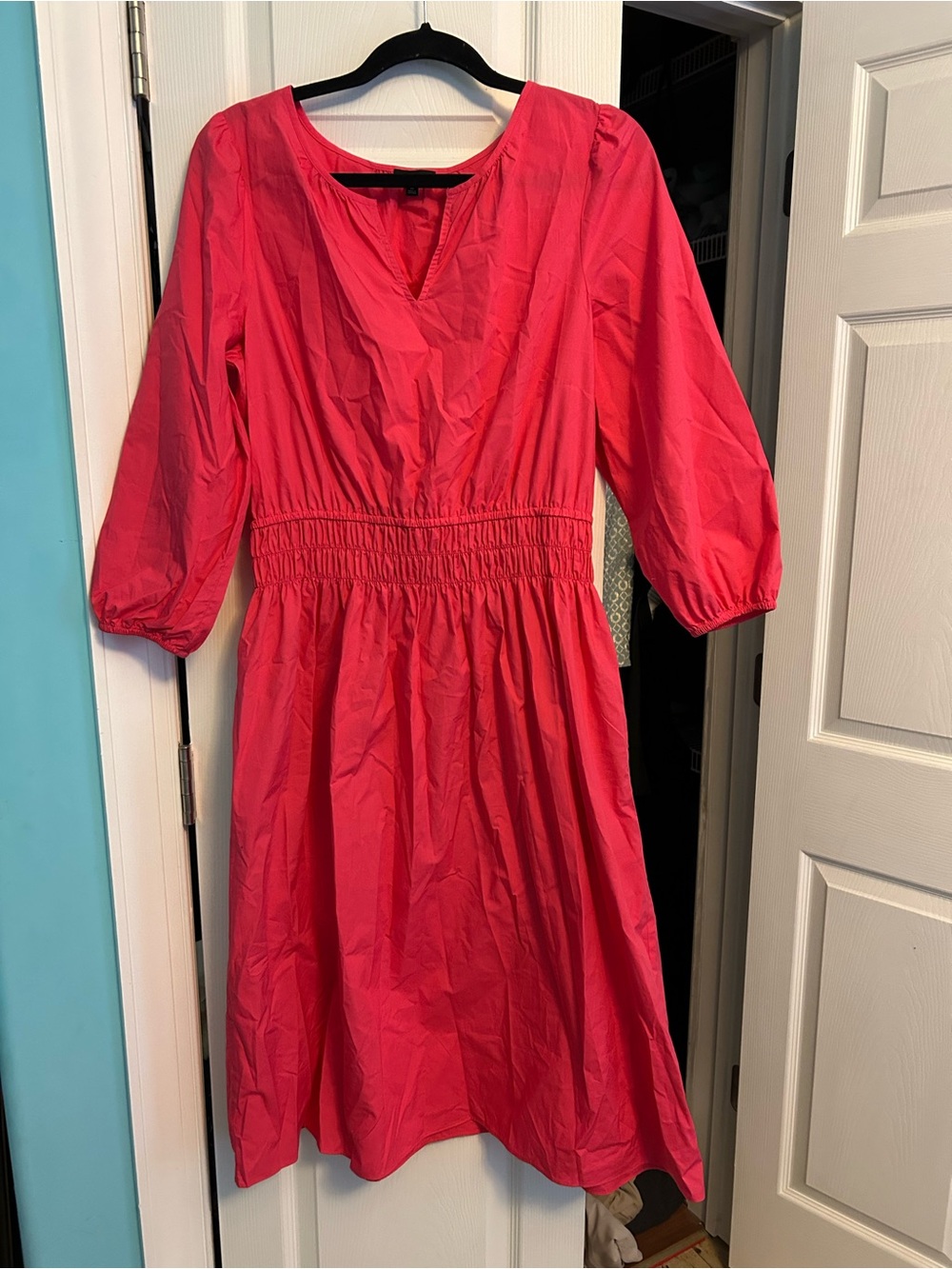 Talbots Bright Pink Smocked-Waist V-Neck Midi Dress